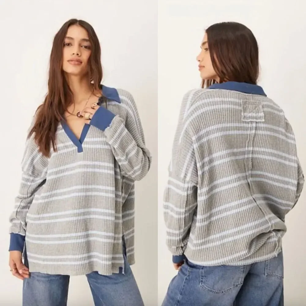 Free People We The Free Striped Travis Polo - Heather Gray Combo, M